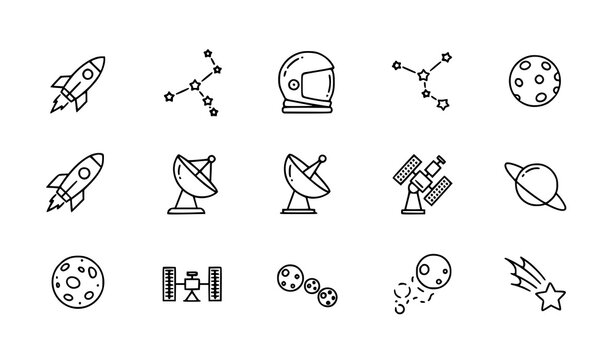 Modern space line icons set vector minimal black and white symbols isolated on transparent background