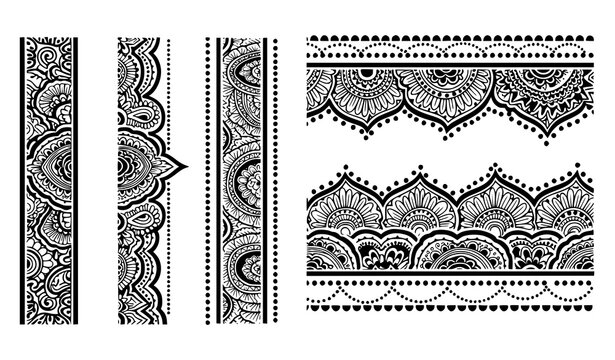 Mehndi ornamental seamless borders ethnic tattoo style vector collection