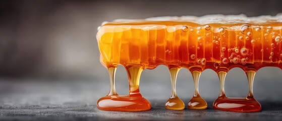 Macro Shot of Viscous Golden Honey Dripping from Honeycomb