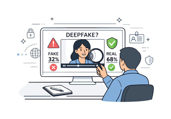 Deepfake Detection Analysis. Deepfake detection and verification. Analyst reviewing a video frame with warning icons and accuracy markers. Focused