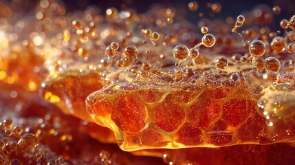 Macro Close-Up of Golden Honey or Syrup with Effervescent Bubbles