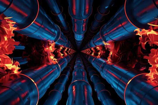 Abstract blue pipes grid with red flames and glowing light on black background, dynamic industrial design concept