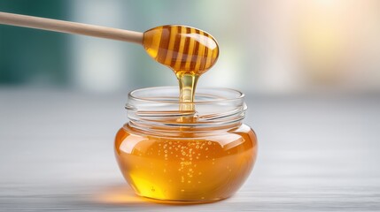 Golden Honey Dripping from Dipper into Clear Glass Jar