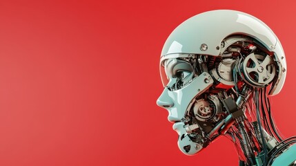 A detailed side profile of a futuristic robot head showcasing intricate mechanical and electronic components, representing the intersection of technology and human-like emotion.