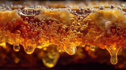 Macro close-up of golden honey or syrup dripping with bubbles