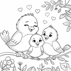 Adorable cartoon bird family of three, parents and child, perched on a branch with hearts and foliage, ideal for coloring.