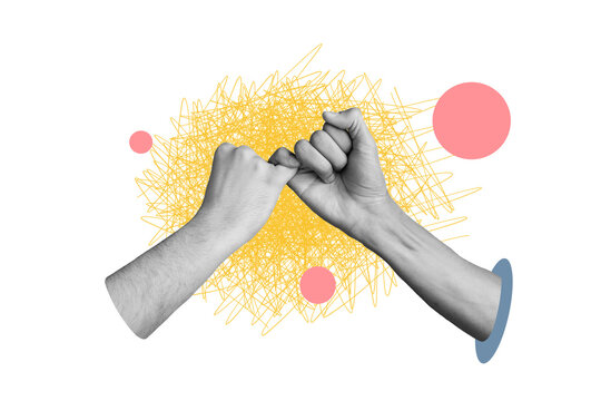 Composite trend artwork 3D sketch image photo collage of hole monochrome hands appear show gesture friendship unity support pinky together