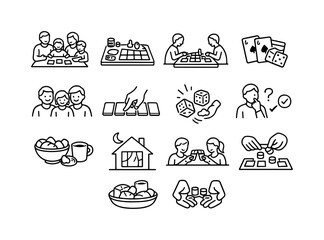 Evening game together. Line icon set of Evening game together: family night activity, cozy game table, turn based play, card and board mix,