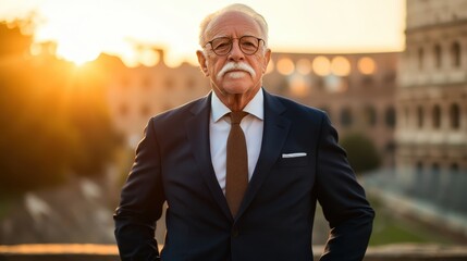 A dignified elderly man in a suit stands confidently against a beautiful sunset, representing wisdom and experience, capturing a moment of reflection and strength.