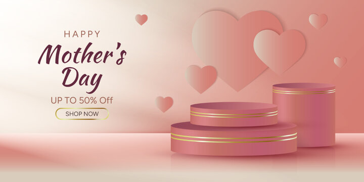 A Mother's Day sale banner featuring a set of podiums and 3D hearts