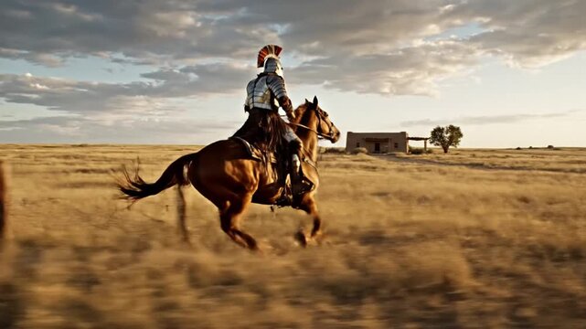 Armored warrior riding horse through vast dry landscape at sunset