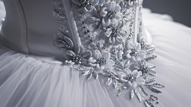 Close up detail white bridal gown bodice sparkling sequins beads embroidery elegant festive occasion fashion