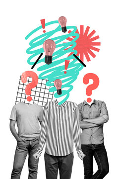 Vertical photo collage three men standing headless puzzled question mark face brainstorm lightbulb quizz answer find solution