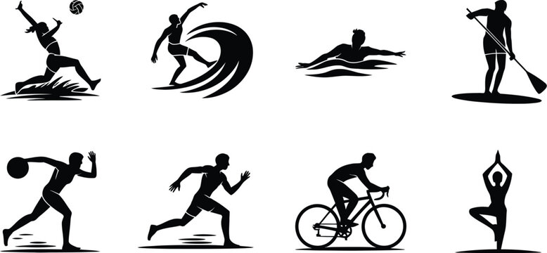 Vector set of black sports icons featuring people surfing, swimming, running, cycling, playing volleyball, paddle boarding, doing yoga, and playing basketball.
