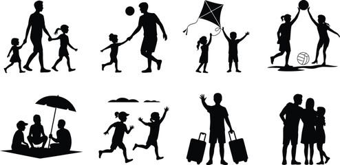 A collection of black silhouettes depicts families enjoying various outdoor leisure activities together high-quality professional detailed