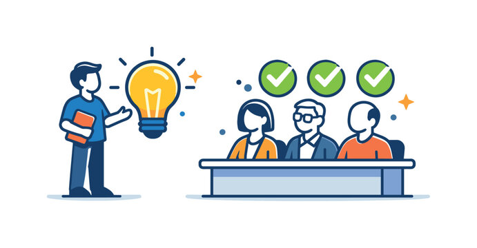 A young entrepreneur pitching their business idea to a panel of investors a concise visual metaphor with a lightbulb icon near the presenter