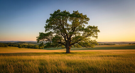 Fototapeta premium A majestic, mature oak tree stands solitary in a sun-drenched meadow, casting a long shadow at dusk