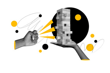 Composite art 3d creative image collage of hands hold jenga tower construction instability arm show fist gesture economy business © deagreez