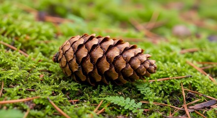 Fresh pine cone on green moss forest floor natural close-up texture