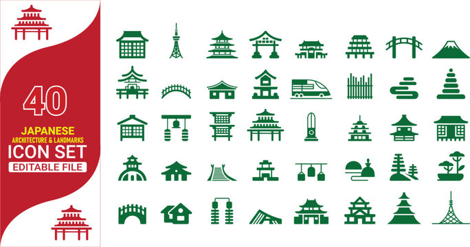 Collection of green and red Japanese landmark and cultural icons with number forty