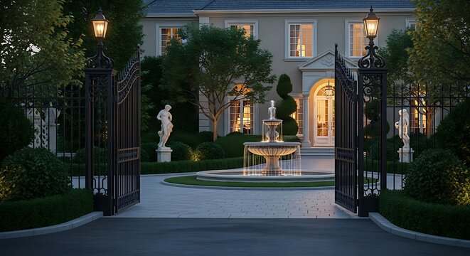 Elegant mansion exterior with decorative fountain and open gates at dusk