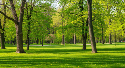 Fototapeta premium Vibrant green park landscape in glorious spring, featuring majestic trees casting soft shadows over a perfectly manicured lawn, bathed in warm sunlight for a serene natural escape