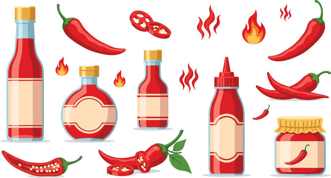 Spicy chili sauce set with hot sauce bottles, red peppers, slices and flame elements