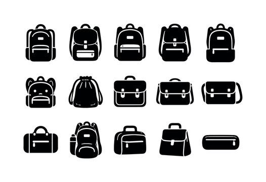 School bags. Solid icon set of School bags: school backpack, student bag, book bag, laptop backpack, kids backpack, drawstring bag, satchel