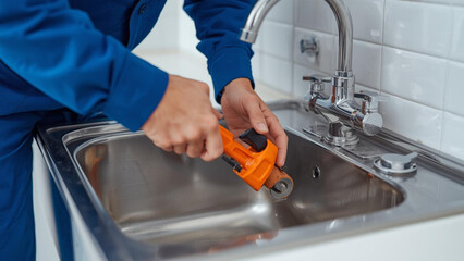 Plumber Fixing Kitchen Sink Faucet with Wrench