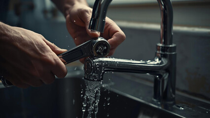 Plumber's Hands Fixing a Leaking Faucet