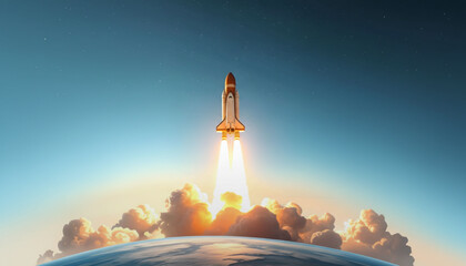 Obraz premium Space rocket launching into blue sky with clouds and sunlight symbolizing exploration and innovation