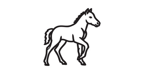 Fototapeta premium Wild pony foal icon, flat black and white, minimal vector, silhouette, isolated, simple design, horse symbol