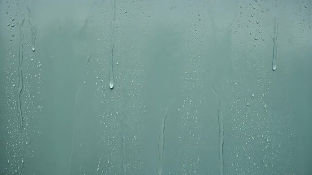 Water droplets on glass surface with flowing streams