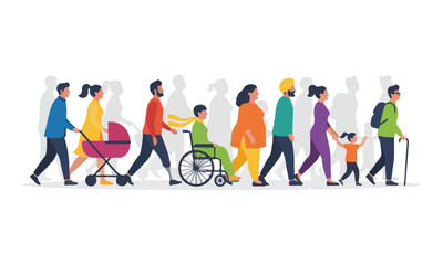 Diverse People Walking with Disabled, Ethnic Groups, and Families