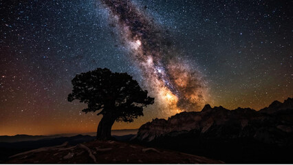 Milky Way Galaxy Arching Over a Silhouetted Ancient Tree and Mountains