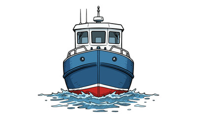 Front View Blue Fishing Boat Illustration Moving on Water Wake