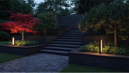 Modern Illuminated Garden Steps and Pathway at Dusk