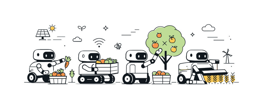 Future of farming. Multiple small robots harvesting crops together, calm teamwork and efficiency. The scene reflects innovation,