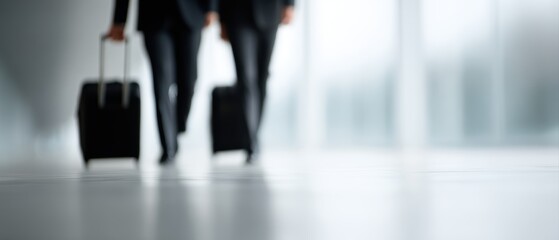 Fototapeta premium business people walking and talking with suitcases in airport concourse, business travel lifestyle