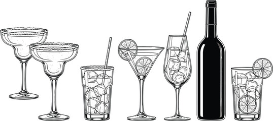 Cocktail glass collection illustration, alcoholic drinks set, bar beverage glasses, wine bottle, lime garnish, black line art