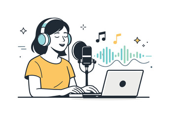 Fototapeta premium Online music content creation. A singer wearing headphones, performing calmly in front of a laptop with sound waves and music notes floating