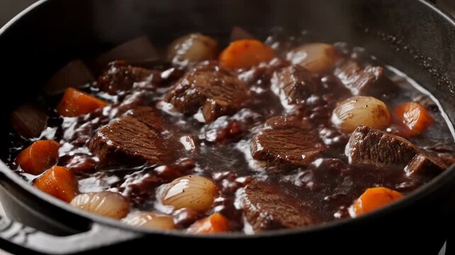 A close-up shot of a hearty beef stew simmering in a cast-iron pot with carrots and pearl onions.