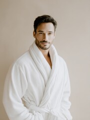 Obraz premium Handsome man in white robe at spa, serene expression, luxury wellness center and self-care retreat
