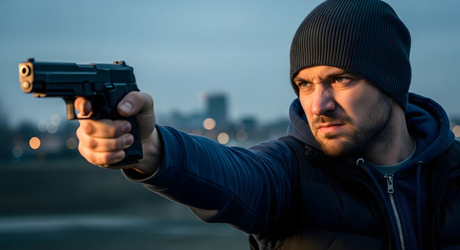 Serious man in a hoodie and beanie aiming a handgun outdoors during twilight Generative AI - generated-AI