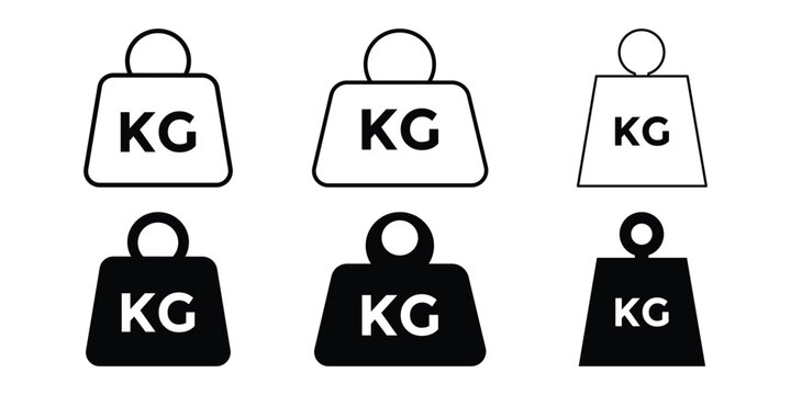 Weight and Kilogram Icon Set, Kettlebell and Dumbbell Symbols in Black and White Flat Vector Design for Measurement and Load Concepts