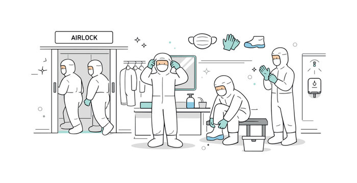 Cleanroom environments. Workers entering through an airlock area, slow and methodical preparation before work. Clean geometry and minimal