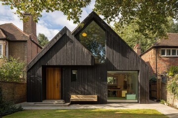 Modern black wooden house design with large windows sits on a green lawn in an urban neighborhood surrounded by trees on a sunny day