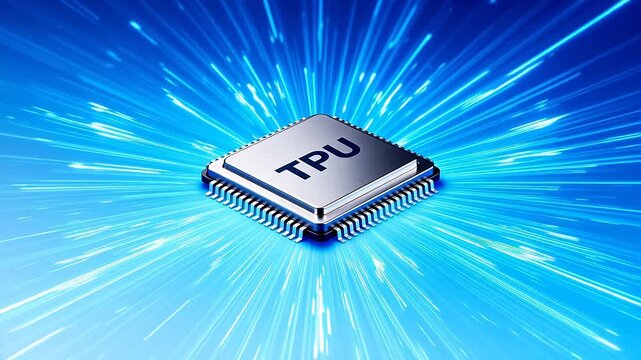 A close-up view of a TPU semiconductor chip with metallic surface and labeled text, set against a gradient blue background.
