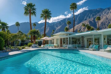 Obraz premium It’s a beautiful sunny day by the pool, surrounded by swaying palm trees and majestic mountains, in a picturesque desert landscape during the afternoon