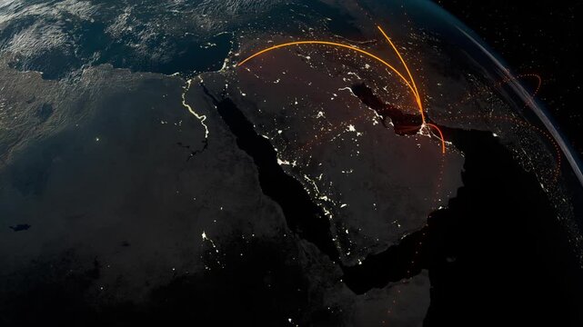 Dubai Earth flight path Globe Planet connecting country Dubai airport network. Rotating Earth. Day Night City light out of space 3d Animation